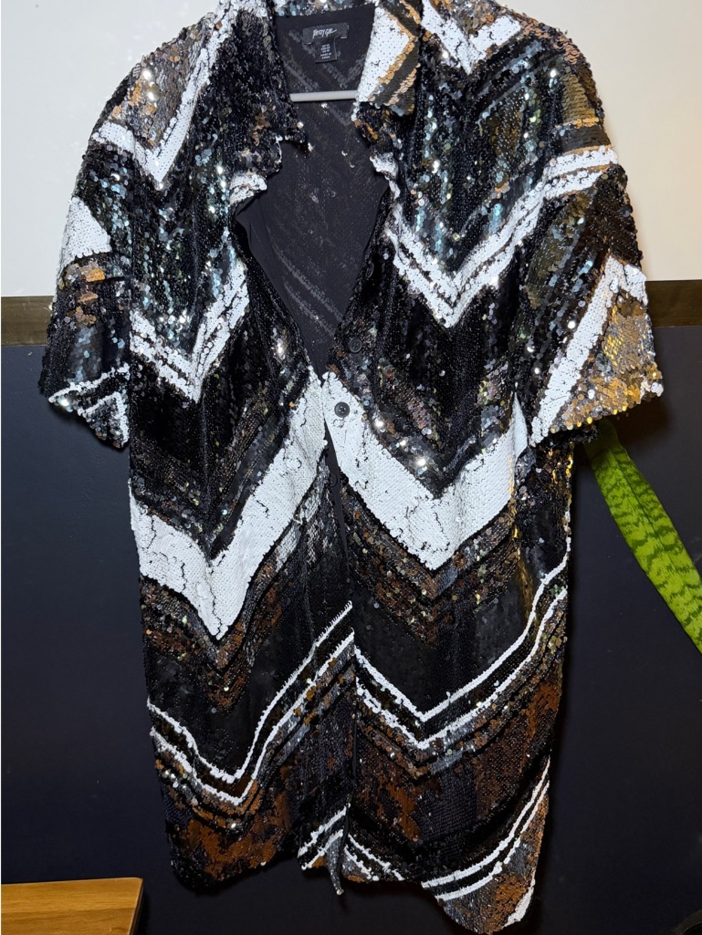 Sequin Chevron Shirt Dress Black, White & silver - Picture 3 of 9